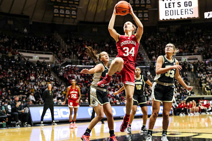 Grace Berger goes for a shot at Mackey Arena in Indiana's matchup versus Purdue.